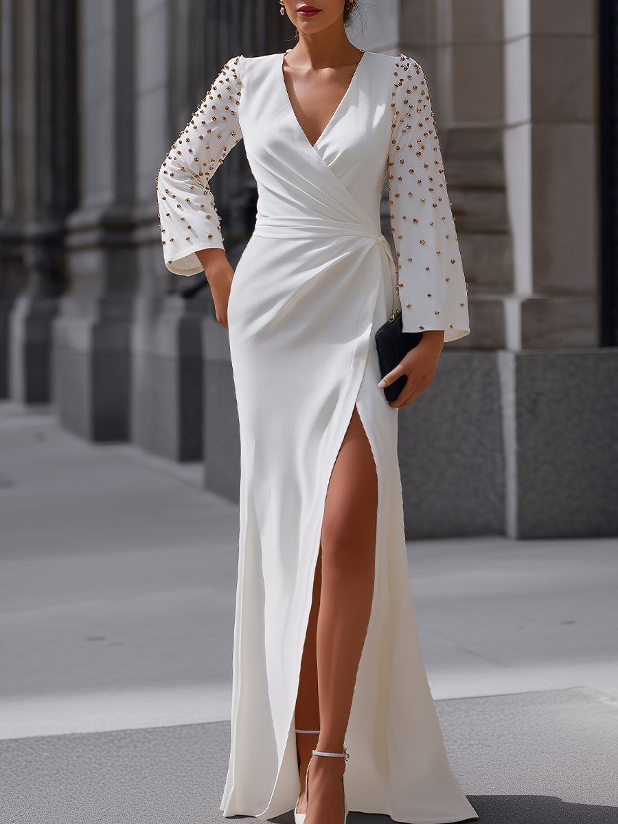 Embellished Sleeve Wrap Evening Gown