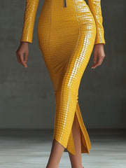 Stylish Yellow Textured Faux Leather Midi Bodycon Dress With Zipper