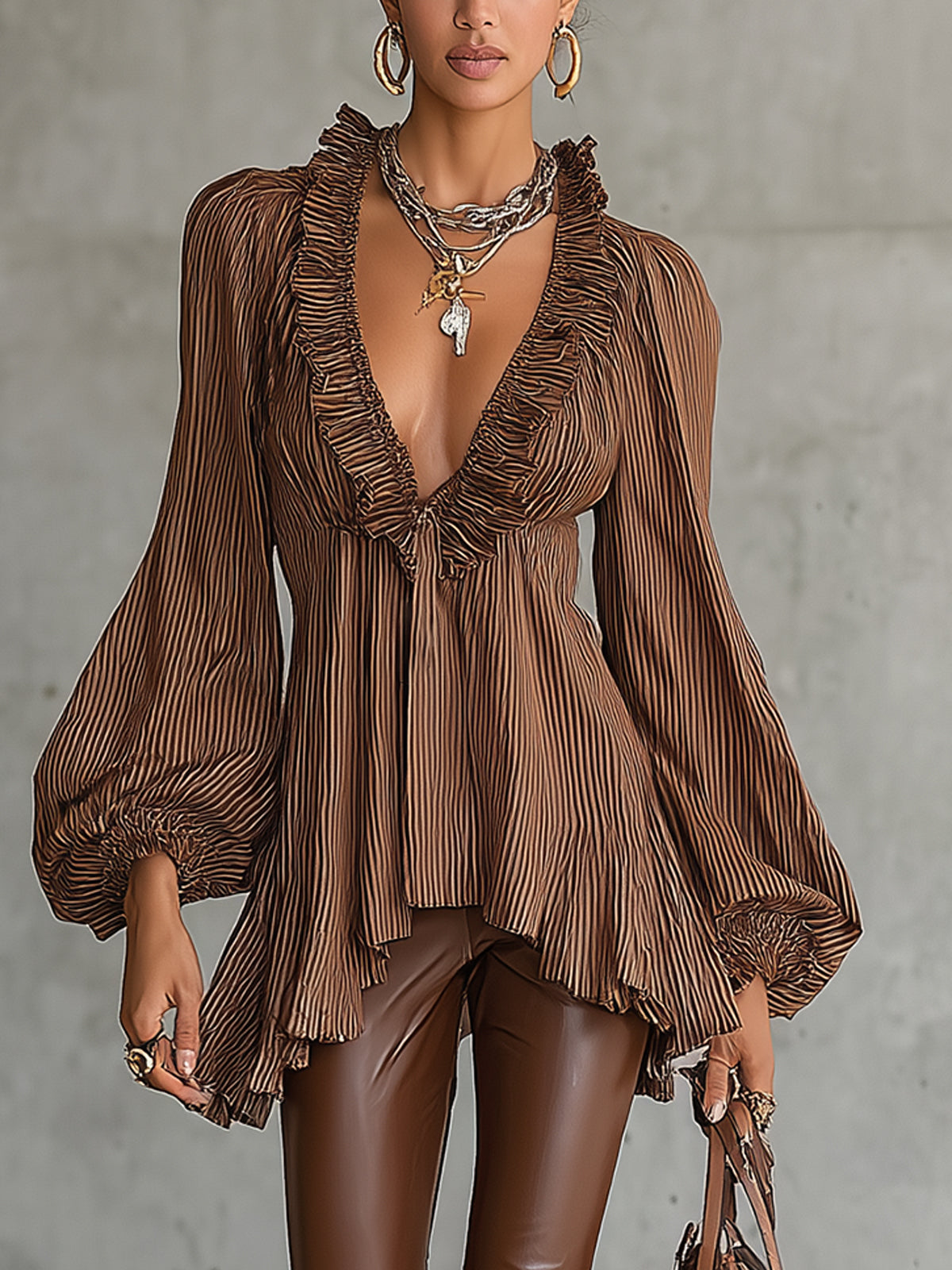 Brown Pleated Ruffle Blouse With Deep V-Neck And Flared Hem