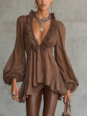 Brown Pleated Ruffle Blouse With Deep V-Neck And Flared Hem