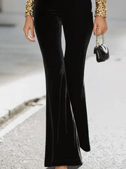 Elegant Black Velvet Jumpsuit With Gold Sequin Sleeves And Flared Legs