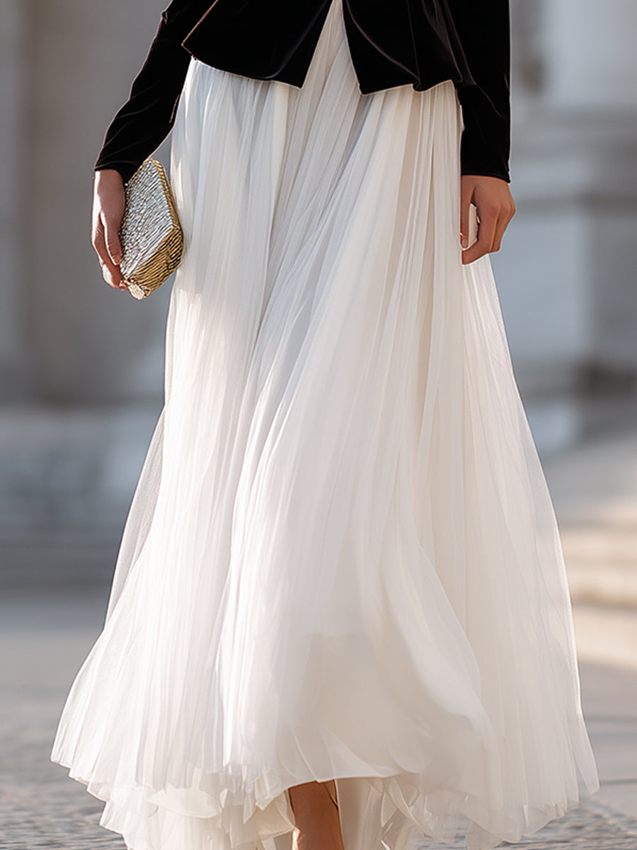 Black Velvet Peplum Top And White Chiffon Maxi Skirt Elegant Two-Piece Set