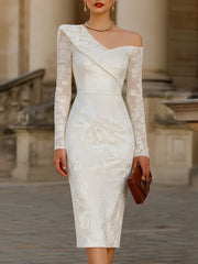 One-Shoulder Lace-Sleeve Jacquard Midi Dress