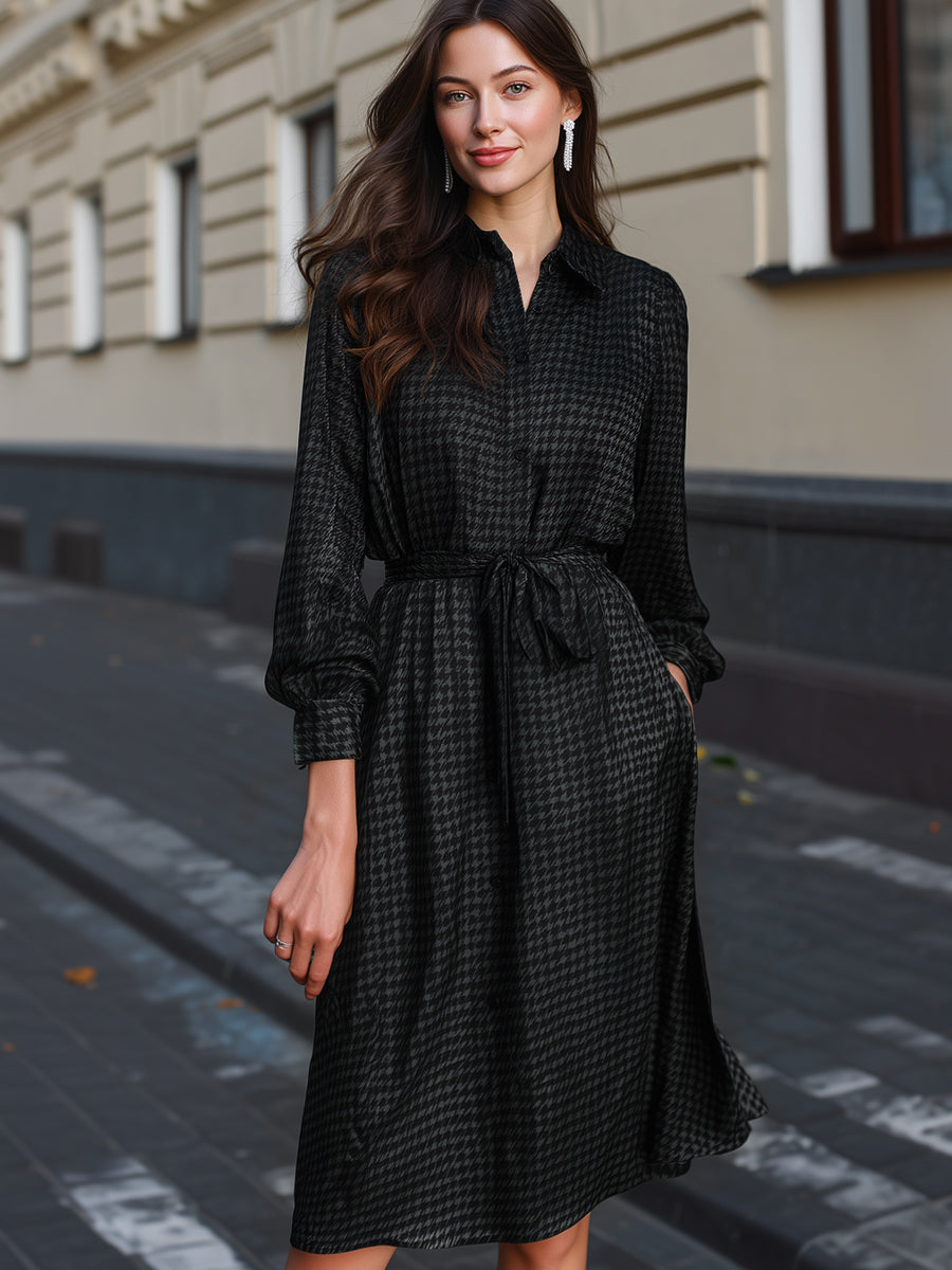 Satin Houndstooth Shirt Dress With Tie Waist