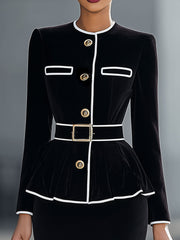 Black Velvet Contrast Trim Peplum Jacket & Pencil Skirt Set