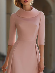 Elegant Blush Pink Cowl Neck Midi Dress With Pleated Details