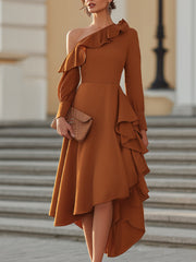 Asymmetrical Ruffle Detail One-Shoulder Midi Dress