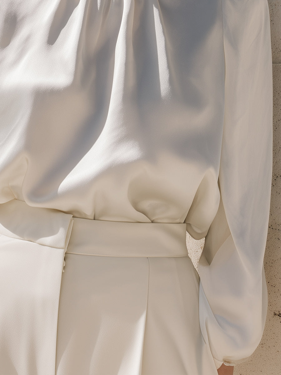 Elegant High-Neck Satin Blouse with Lace Trim