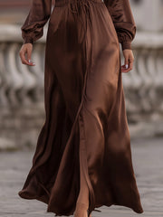 Mooyius Satin Cinched Waist Maxi Dress In Mocha Brown
