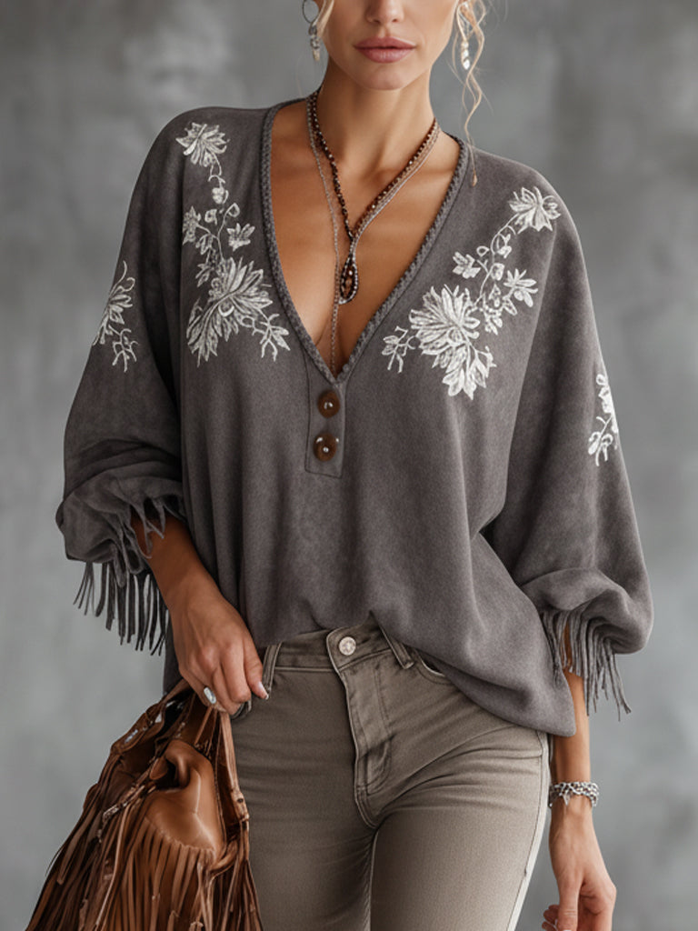 Gray Suede Embroidered Fringe Loose Blouse