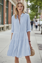 Striped Tiered Midi Dress With Shirt Collar