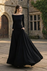 Draped Long Sleeve Maxi Dress in Black