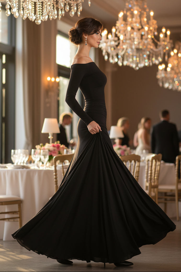 Draped Long Sleeve Maxi Dress in Black
