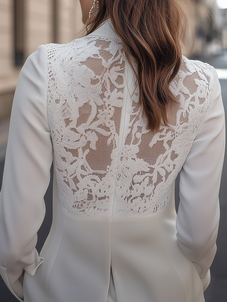 Elegant White Lace-Backed Blazer with Structured Silhouette