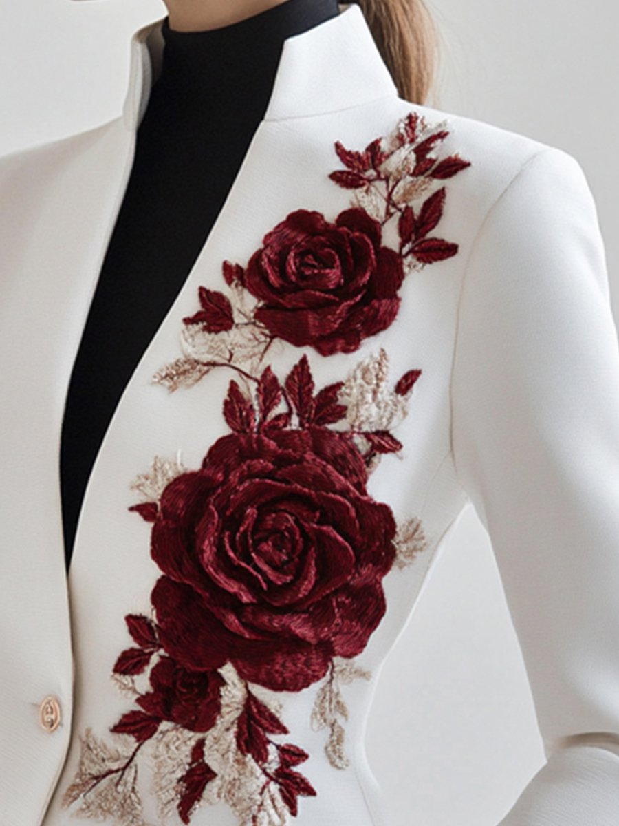 Chic White Blazer with Red Rose Embroidery