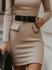 Beige Turtleneck Bodycon Dress with Black Belt Accent