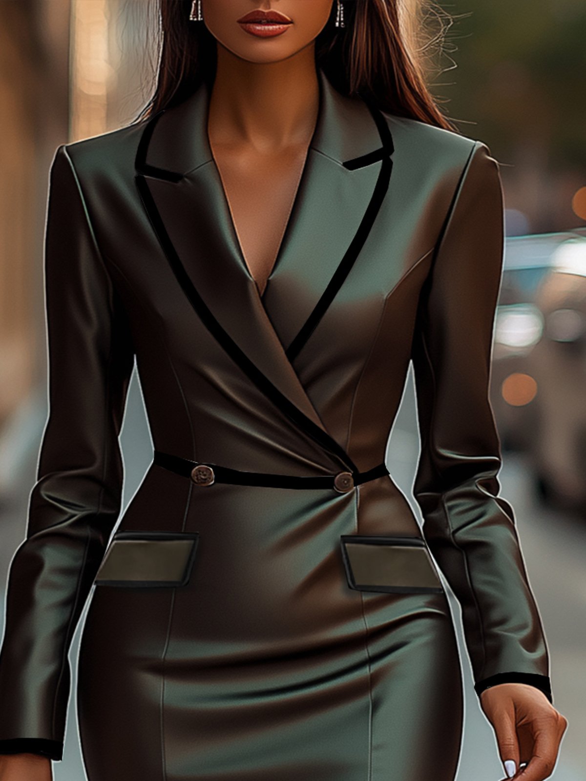 24-Hour-Shipping Green Lapel Long Sleeve Dress
