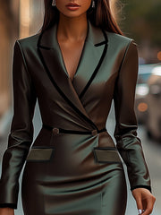 24-Hour-Shipping Green Lapel Long Sleeve Dress