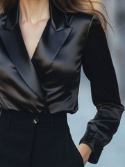 Lustrous Black Satin Blouse with Tailored Lapel