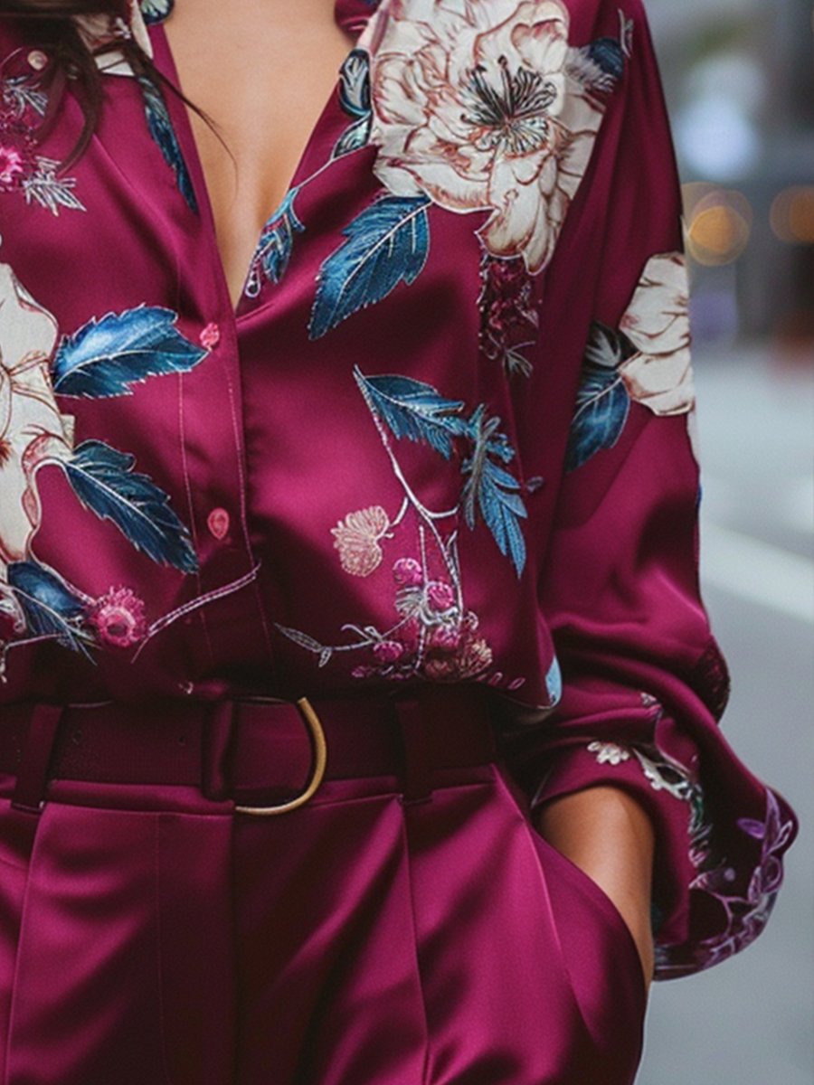 Vibrant Floral Print Burgundy Satin Blouse