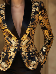 Opulent Black and Gold Blazer with Baroque Floral Printed