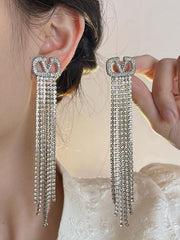 V Letter Full Diamond Tassel Earrings