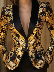 Opulent Black and Gold Blazer with Baroque Floral Printed