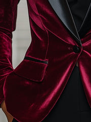 Burgundy Velvet Blazer with Satin Lapels and Black Rose Detail