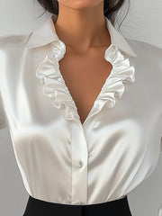 Elegant White Satin Blouse with Ruffled V-Neckline