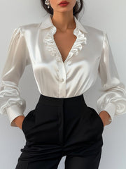 Elegant White Satin Blouse with Ruffled V-Neckline