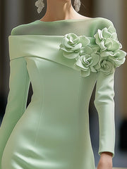 24-Hour-Shipping Light Green Midi Pencil Dress With Mesh And 3D Flower Decoration