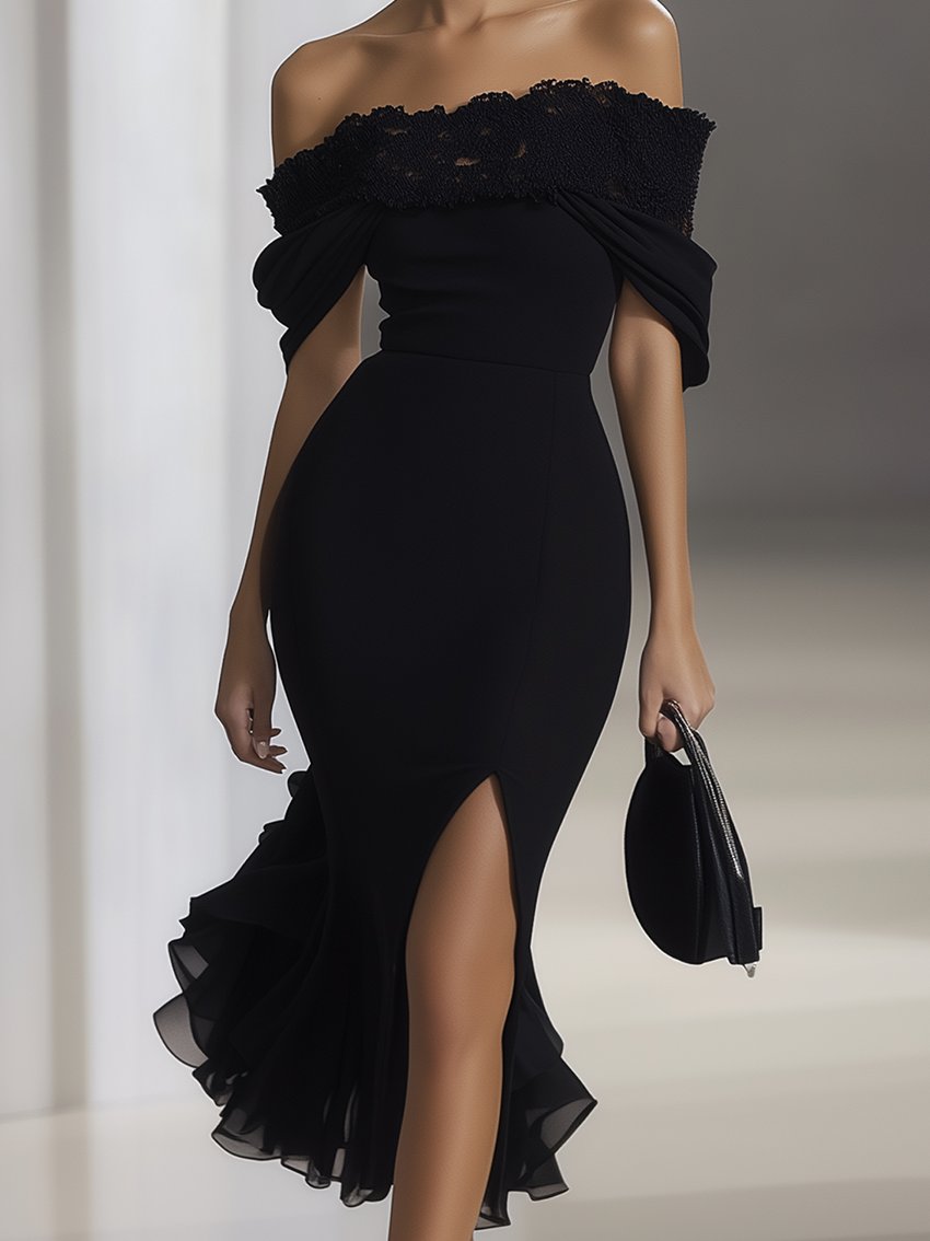 24-Hour-Shipping Off Shoulder Black Chiffon Dress With Lace