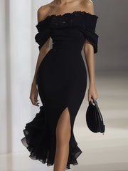 24-Hour-Shipping Off Shoulder Black Chiffon Dress With Lace