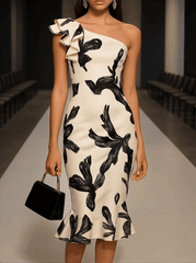 24-Hour-Shipping Off Shoulder Biege Midi Bodycon Dress With Black Elegant Print