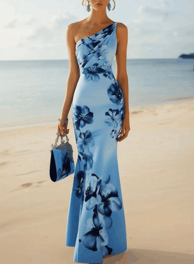 24-Hour-Shipping One Shoulder Light Blue Bodycon Dress With Blue Gradient Floral Print