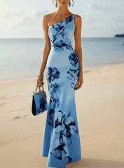 24-Hour-Shipping One Shoulder Light Blue Bodycon Dress With Blue Gradient Floral Print