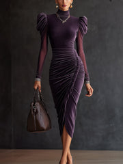 Plum Velvet Mesh Sleeve Draped Bodycon Dress
